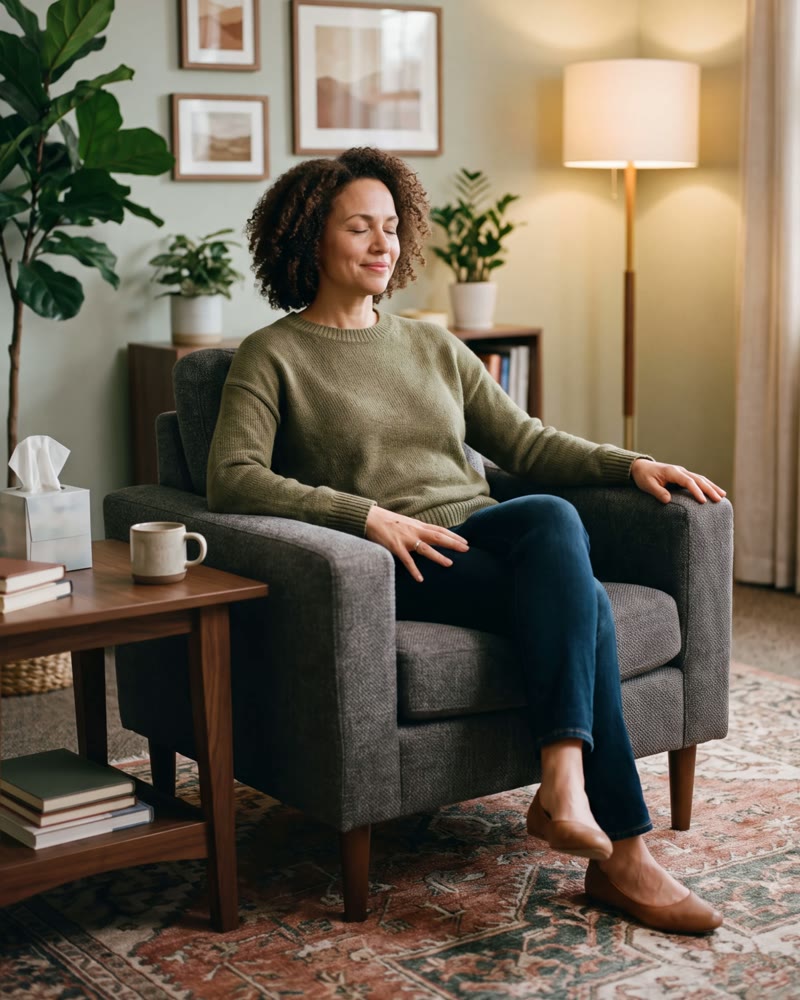 A woman relaxing in an armchair in a calm, plant-filled therapy room