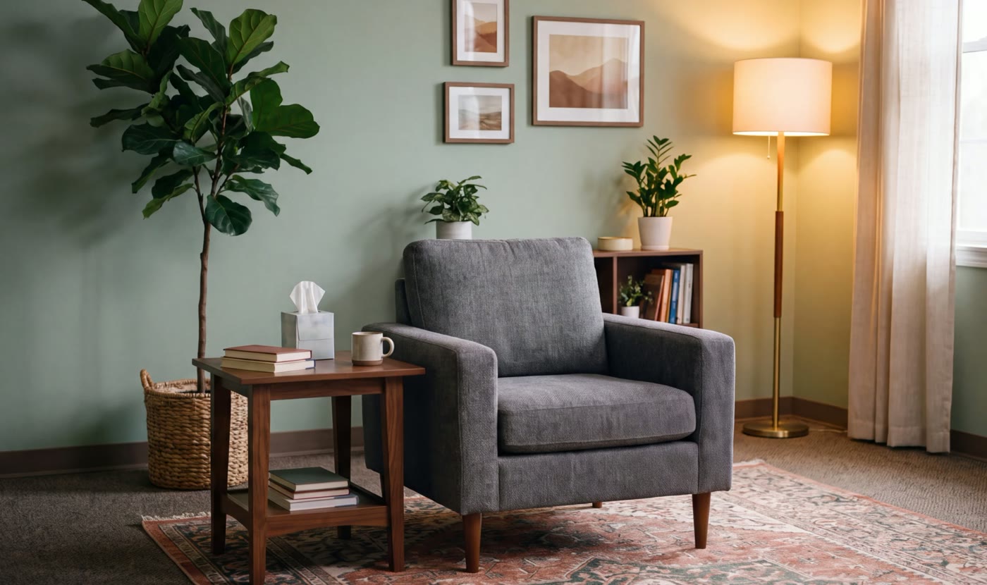 My therapy room: a grey armchair, a side table with tissues and a mug, plants and a warm floor lamp